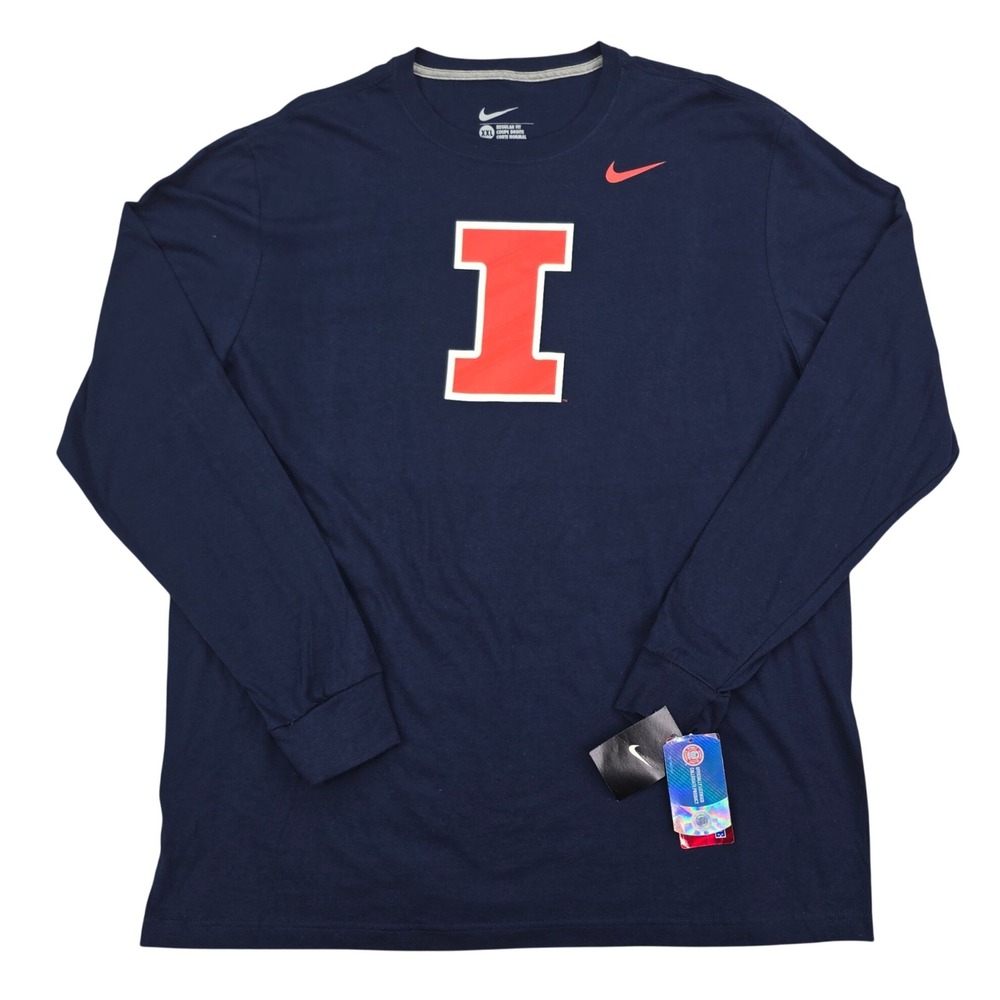 Nike Illinois Fighting Illini Long Sleeve Shirt Mens XXL Navy Blue Logo T-Shirt